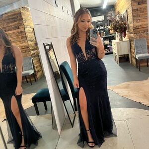 Sherri Hill Midnight Blue Backless Dress